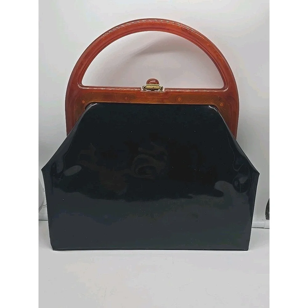 Vintage 50's Unique LUCITE PURSE Handbag AMBER US Pat. Black‎ Flowers